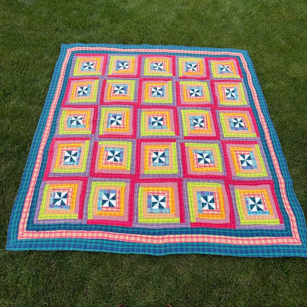 Handmade Patchwork Quilt Log Cabin Pinwheel Plaid Multi Color King Queen 91x88
